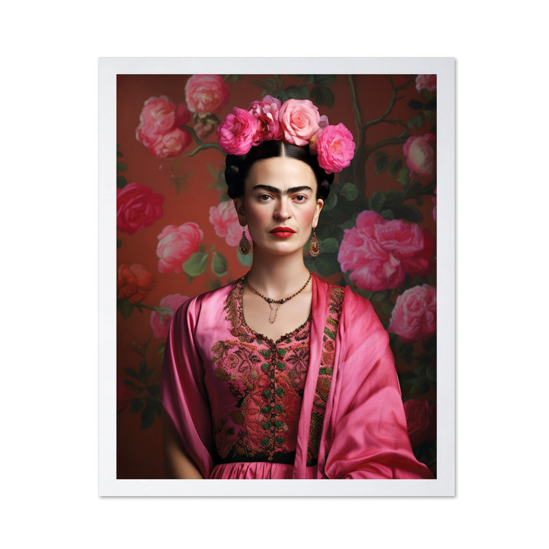 Portrait floral Frida Kahlo, 08"H x 10"W, Poster, White Framed