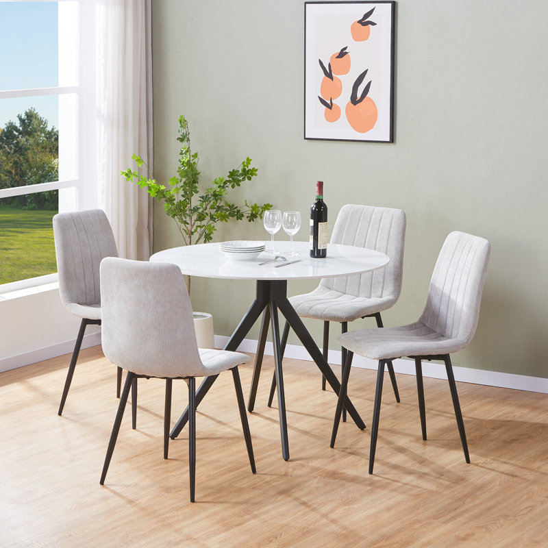 Aspen Sintered Stone Round Table with 4 Straight Stitch Upholstered Fabric Chairs - Modern Dining Set, Light Grey