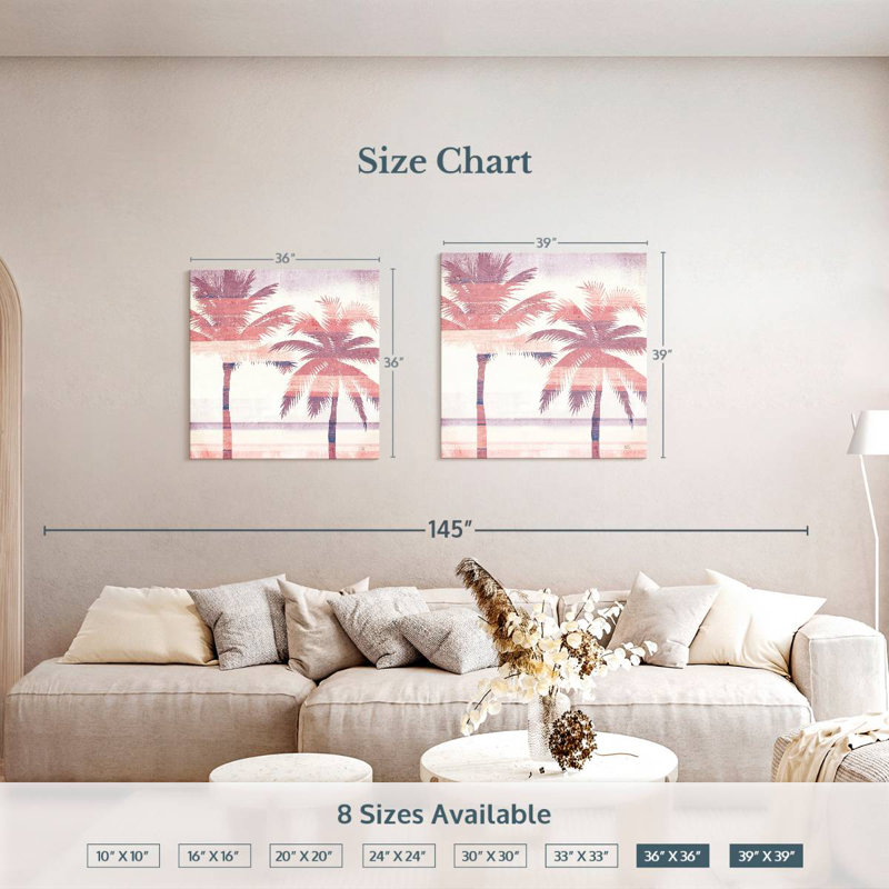 Harnek, paysage de plage, palmiers, rose, mauve, H 36 po x l 36 po