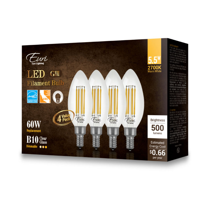 60 Watt Equivalent B10 E12/Candelabra Dimmable 3000K Warm White LED Bulb (Set of 24), 2700 K