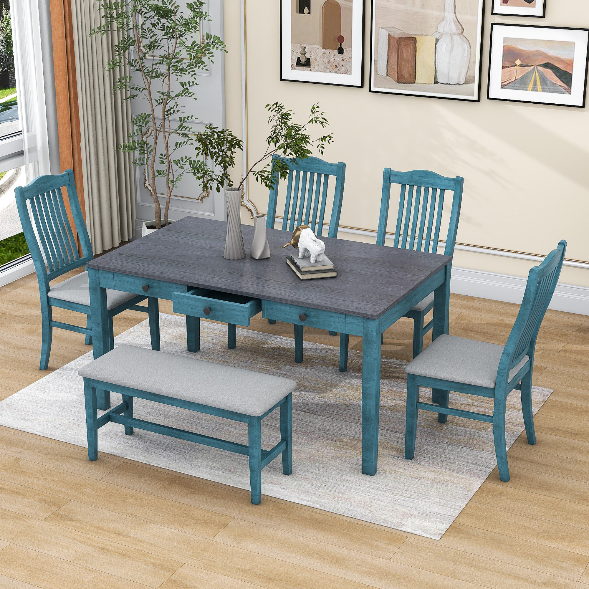 Longshore Tides Munachi 6Piece Wood Dining Table Set, Kitchen Table with Drawers, 4 Upholstered