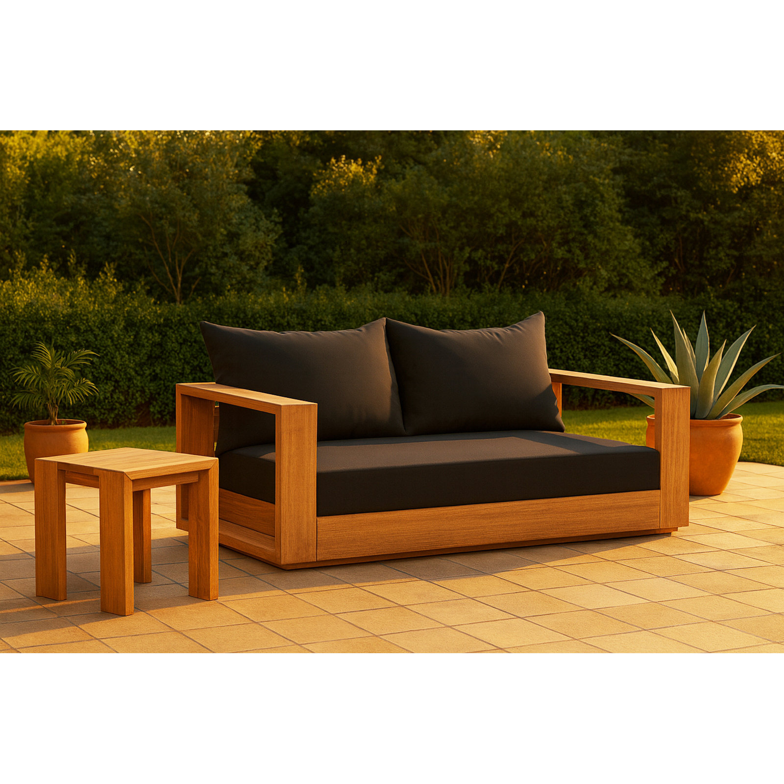 Tulum 63'' Wide Teak Loveseat with Cushions, Black