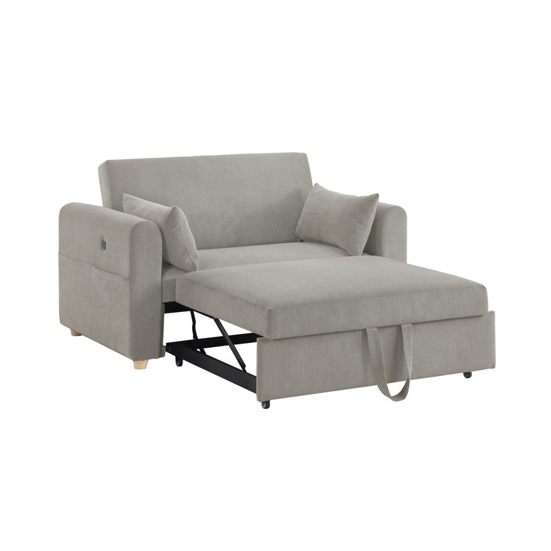 Causeuse convertible en velours côtelé l 55 po Marielle avec ports USB, poches pour magazines et coussins Marielle, Gris