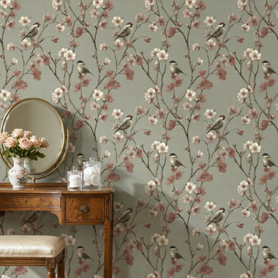 Papier peint rétro à motif floral oiseaux