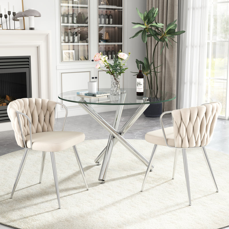 Elegant Round Glass Dining Table Set, Beige,  3 Pieces: Table, 2 Chairs, Silver
