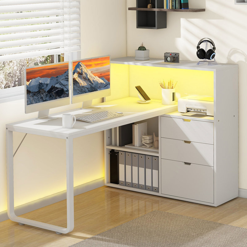 Bureau d'ordinateur en L 55 po avec lumière DEL et prises intégrées