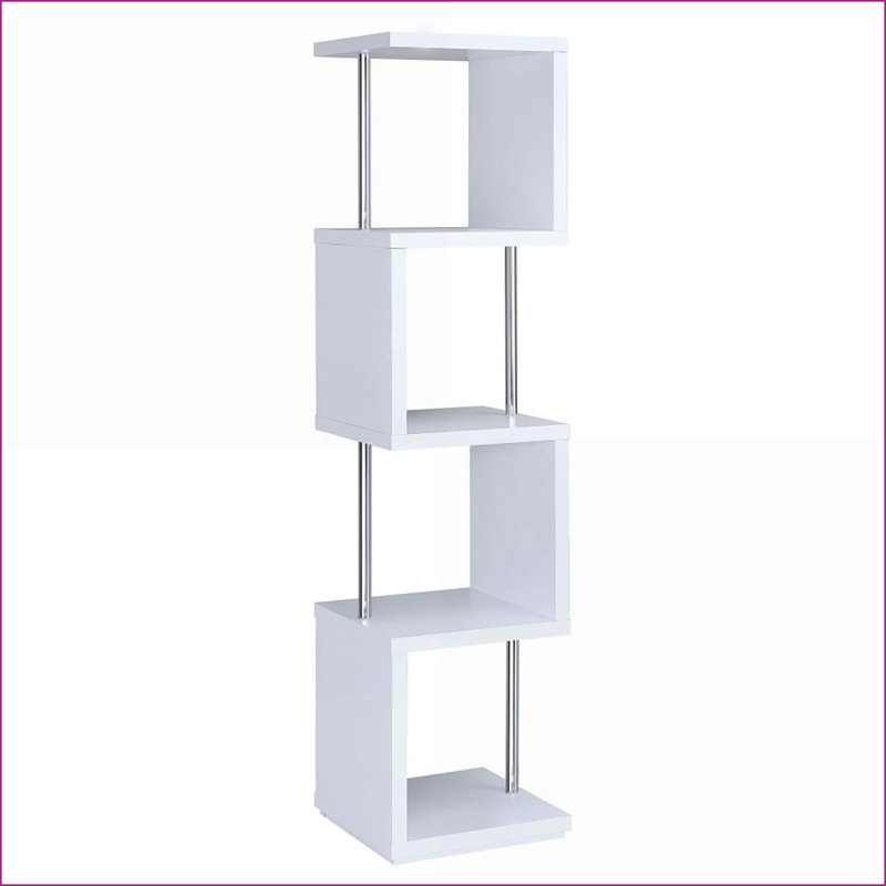 Bookcase, 4-Tier Snow White &amp; Chrome Silver | Space-Saving | Wood+Metal | Modern