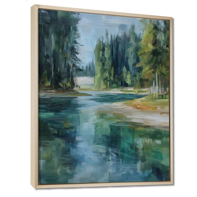 «Pine Trees Fraser River Calming Current», reproduction d'art sur toile, paysage vert, H 32 po x l 16 po, Cadre flottant