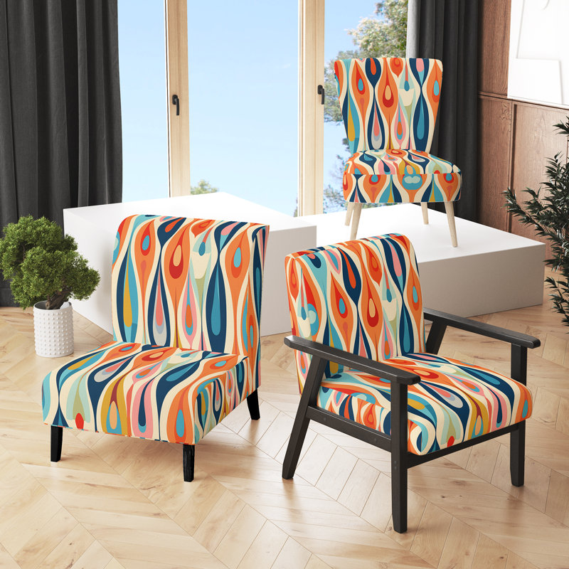 Retro Abstract Drops XI - Velvet Upholstered Midcentury Arm Chair, Blue/Orange