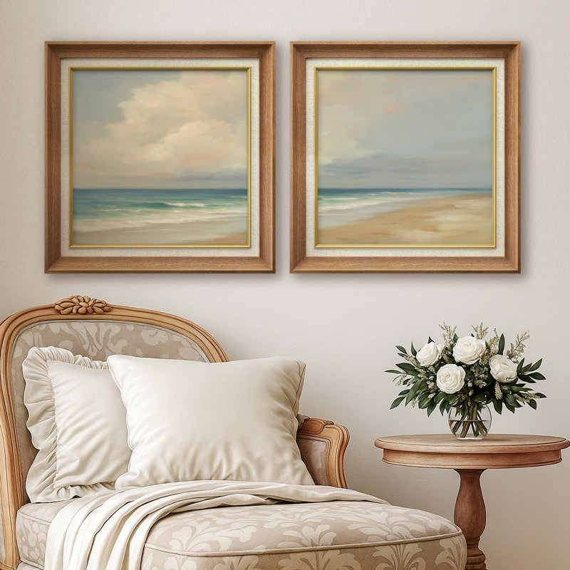 «Soft Coastal Beach Horizon Sky and Sea», ensemble de 2 reproductions d'art encadrées, H 26 po x l 26 po