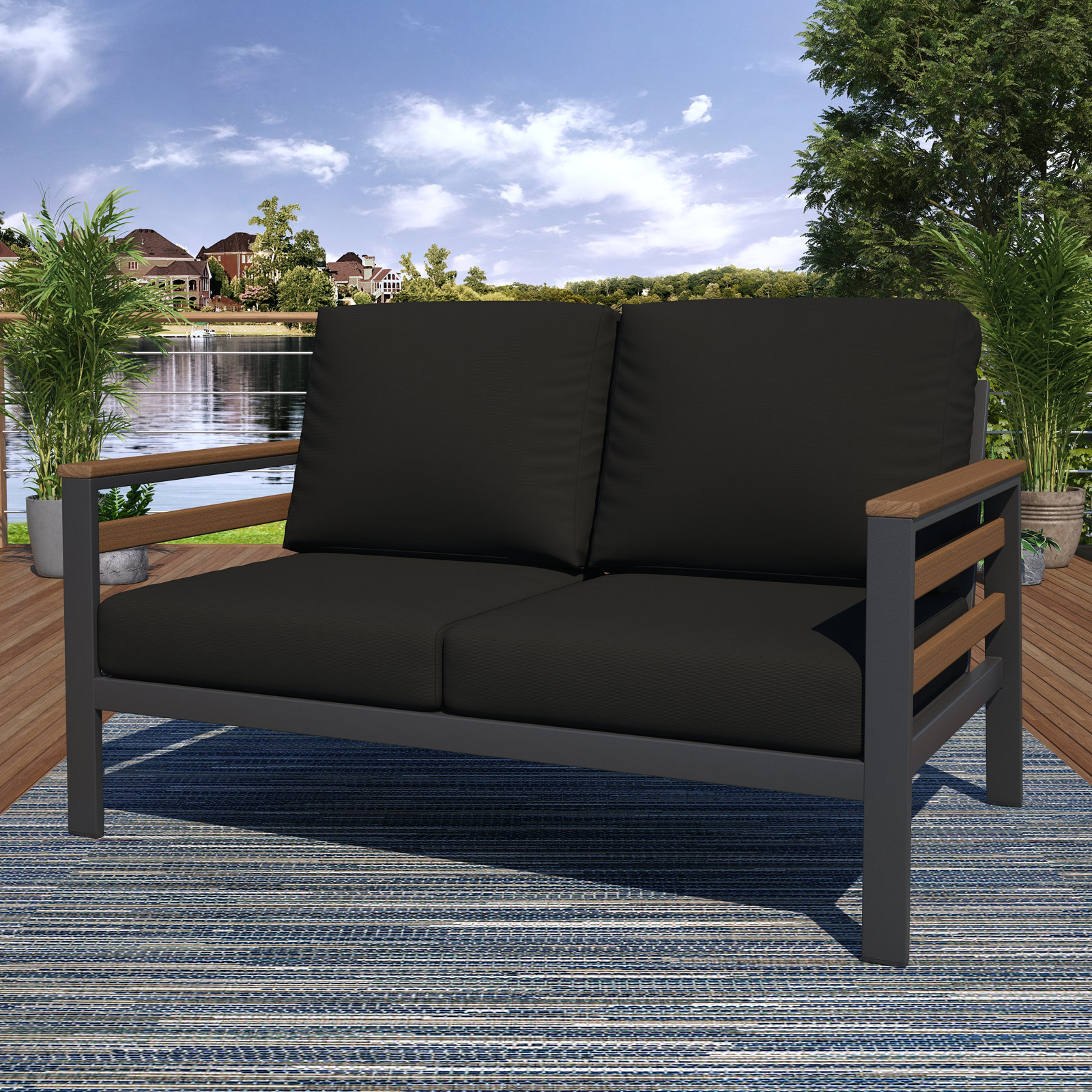 Townsend 55'' Wide Outdoor Loveseat with Sunbrella® Cushions, Canvas Black Sunbrella® Canvas, Brown/Dark Gray