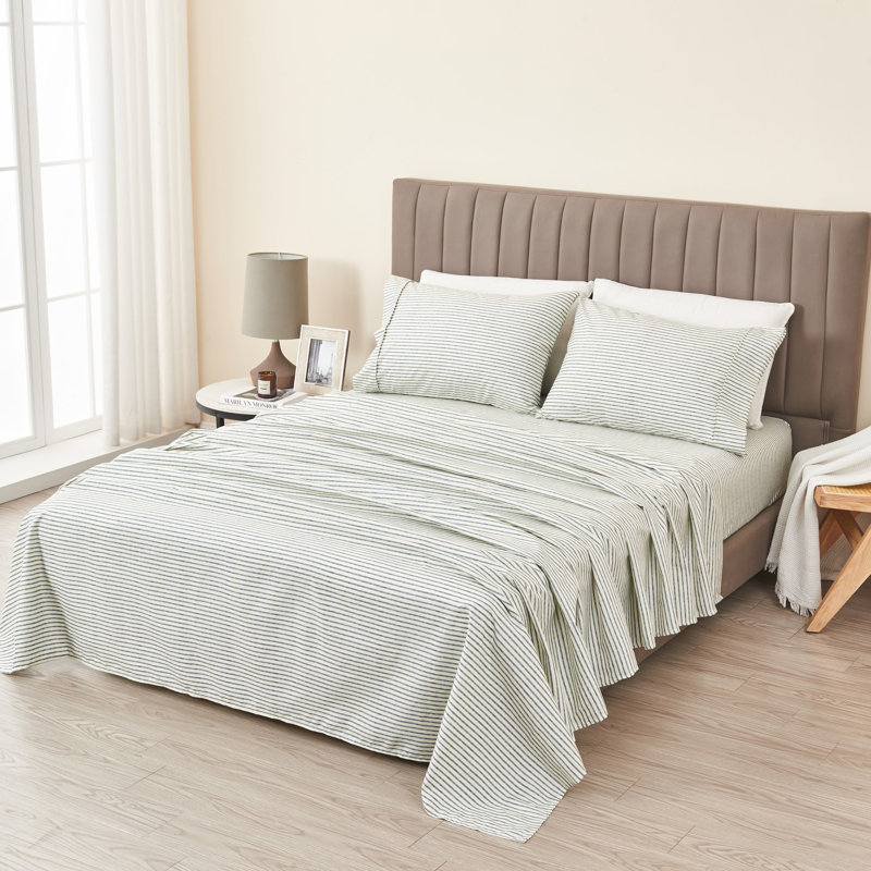 Blue and White Striped Queen Microfiber Sheet Set
