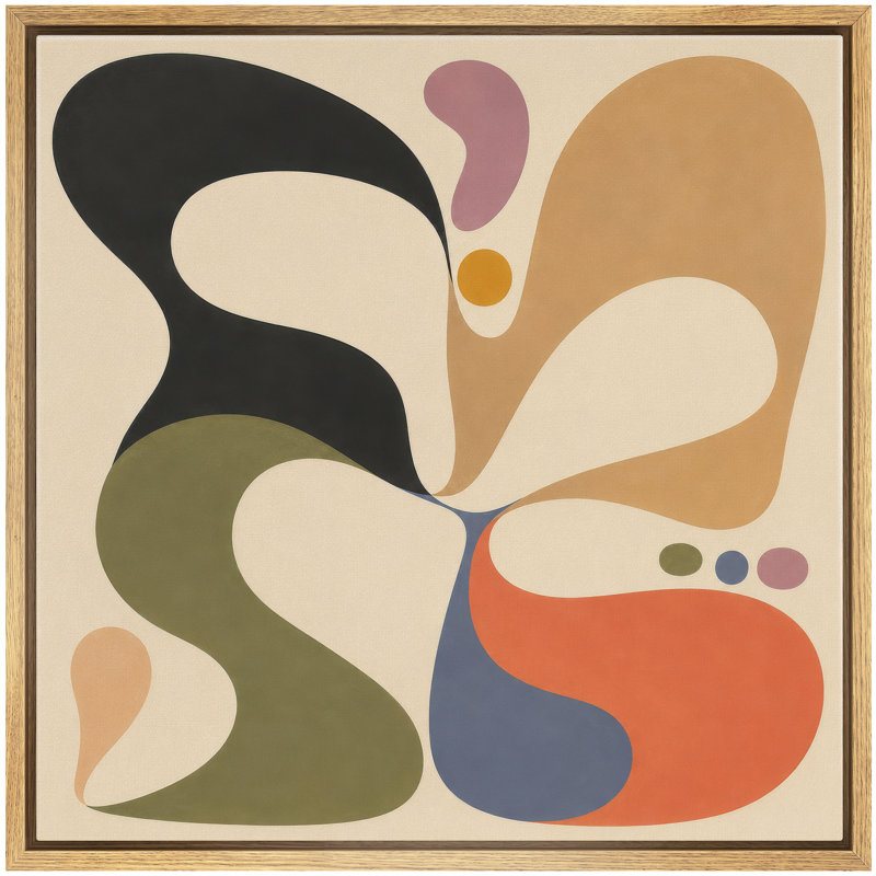 Décoration murale abstraite rétro olive orange noir formes organiques encadrée sur toile, H 24 po x l 24 po, Natural