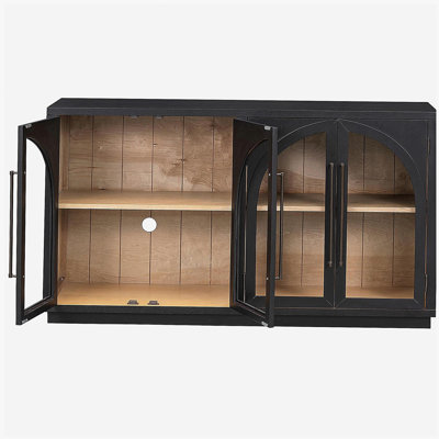 TREXM 4-Door Large Storage Sideboard Buffet Cabinet with Glass Doors, Arched Cabinet with Adjustable Shelves for Kitchen, Dining Room and Living Room (Black)