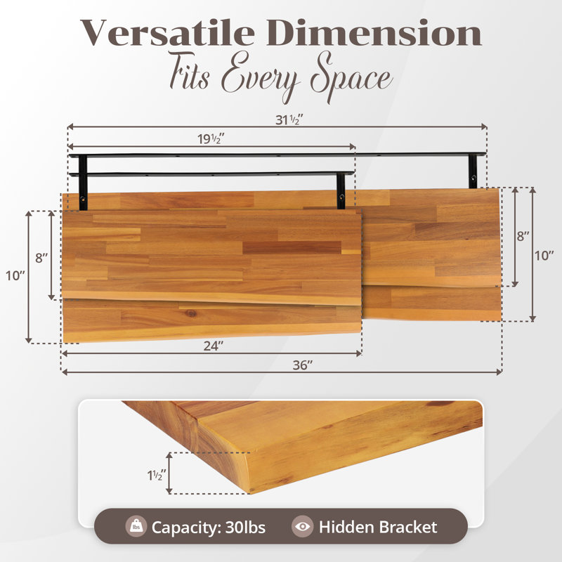 Tablettes flottantes en bois d'acacia massif 2 pièces Jorgensen pour cuisine, cuisine, salle de bain, espace de travail