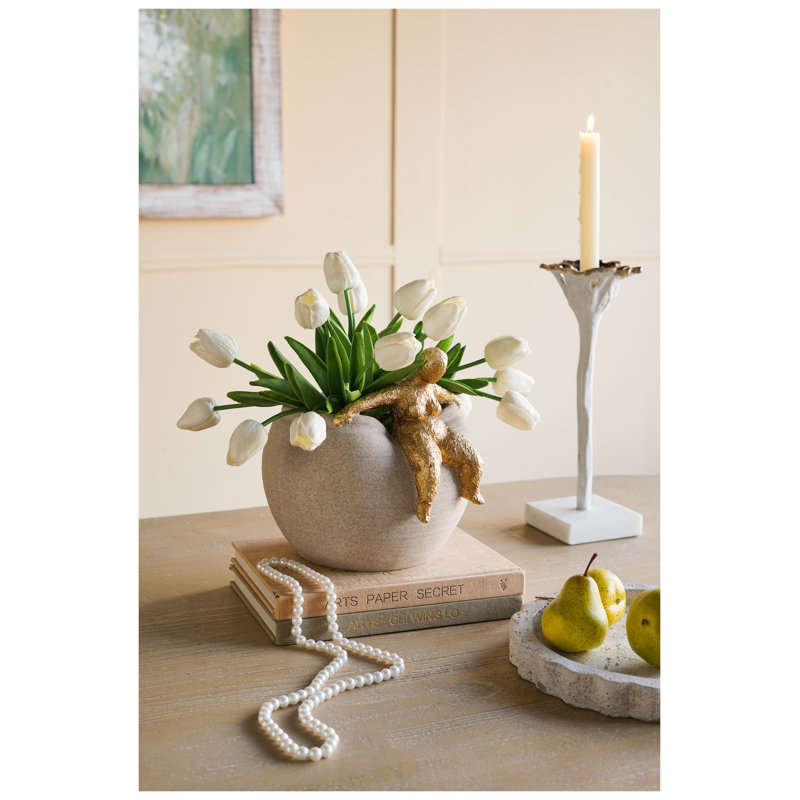 Boîte à fleurs ronde en résine avec figurine dorée abstraite, finition texturée multicolore pour le décor de la table