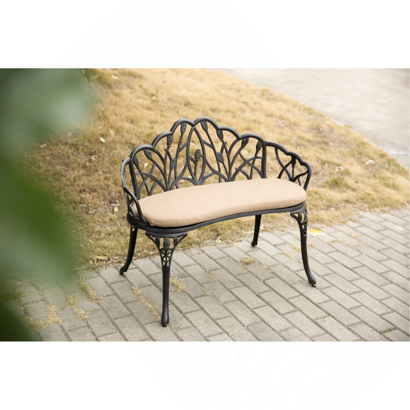 Tulip Patio Garden Bench Metal Park Bench Cast Aluminum Outdoor Furniture With Floral Rose For Patio,Park,Lawn,Yardblack Withe Cushion
