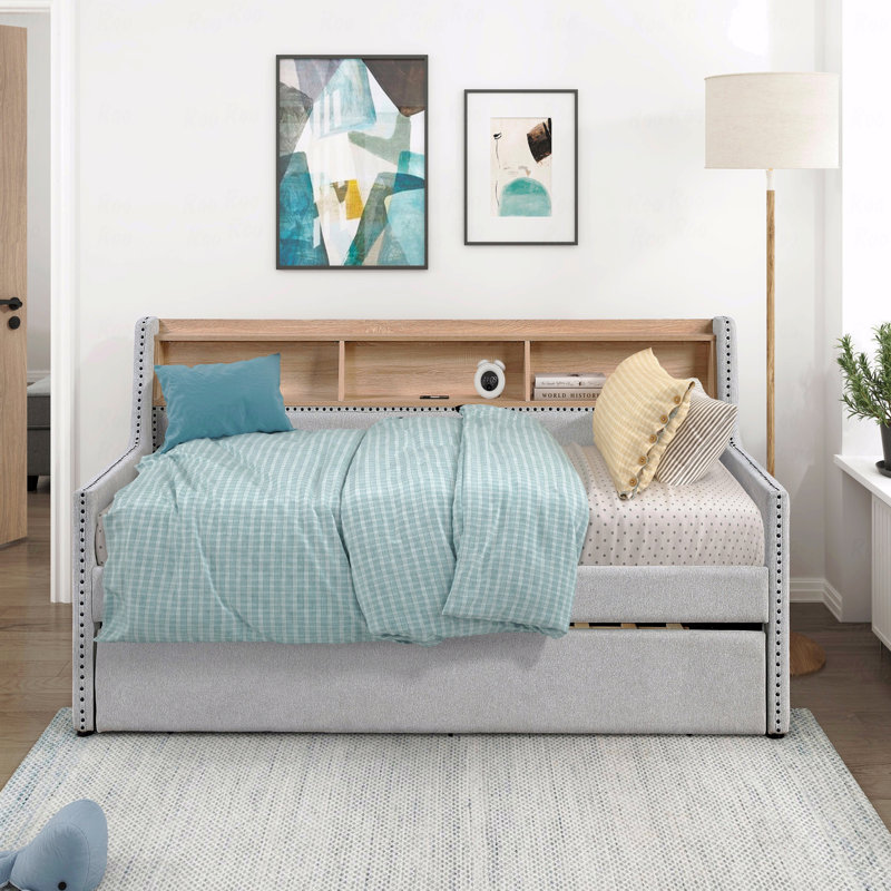 1Pc Light Gray Daybed With Pull-Out Trundle Bookcase Side Panel Charging Ports Nailhead Trim Modern Design Furniture