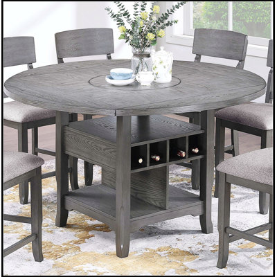 Dining Room Gray Counter Height Table with Built-in Lazy Susan and Storage Shelf for Modern Kitchens