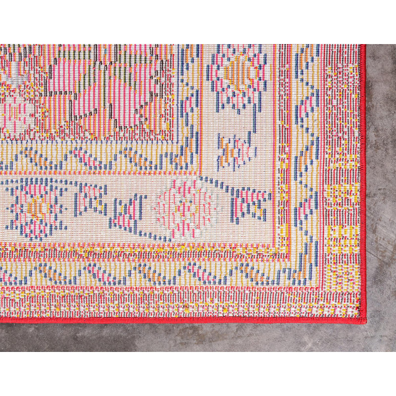 Tapis bourgogne / bleu à motif floral Eddins, Rond 8 pi