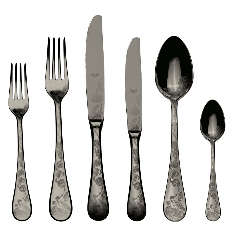 Venere 36 - Piece Stainless Steel Flatware Set - Service for 6, Black Gold