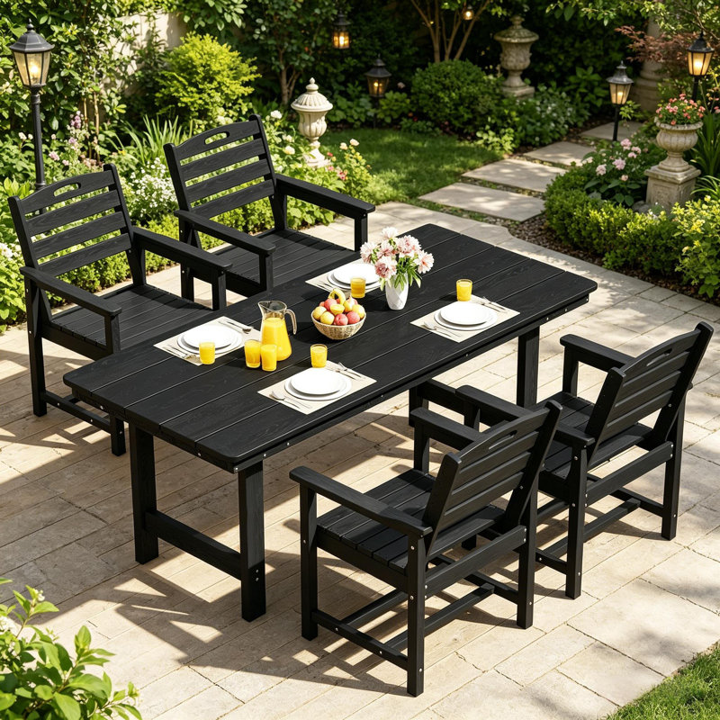 4-Person Outdoor Patio Dining Set with Umbrella Hole, 66.4'' L Rectangular Table With 4 Chairs For Patio, Garden, Porch, Pool