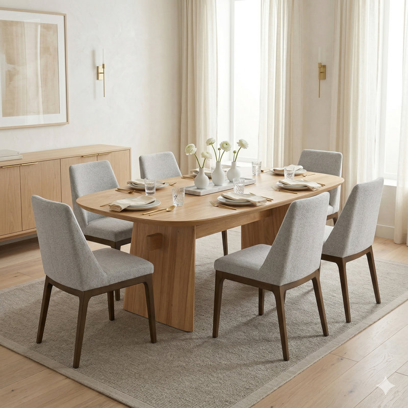 7-Piece Dining Table Set, Seats 6, 82.7" Superellipse Oak Table with Wood Panel Legs & 6 Curved-Back Grey Chairs