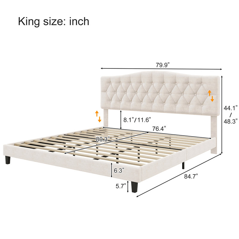 Lit plateforme tapissier avec tête de lit courbée réglable et détails capitonnés, lattes de bois et support en métal