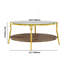 Table basse ronde moderne à 2 niveaux en noyer avec plateau en verre et base dorée pour le salon (table incluse seulement)