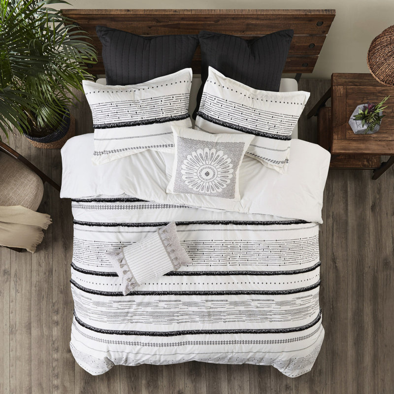 Housse de couette 100% coton - Lit double chic / grand avec rayures imprimées et pampilles