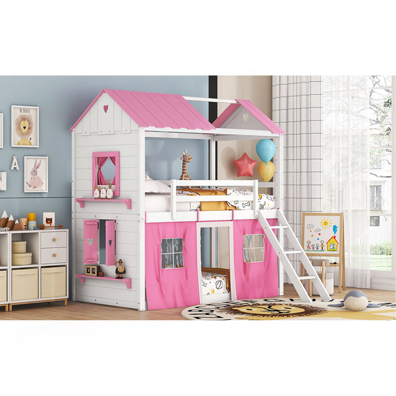 Lit simple superposé en bois avec fenêtres élégantes, rebords et tente, rose et blanc, Blanc / Rose