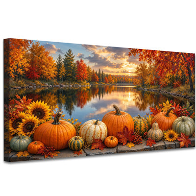 «Autumn Lake Pumpkins», art mural sur toile paysage d'automne, art mural sur toile paysage d'automne pour le salon, chalet, toile tendue tendue avec châssis, prête à être suspendue, 12 po x 24 po