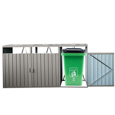 Outdoor Grey Metal Garbage Bin Shed - Stores 3 Trash Cans, , Rot-, With Easy Installation And Maintenance For Strong To Clean Maintain