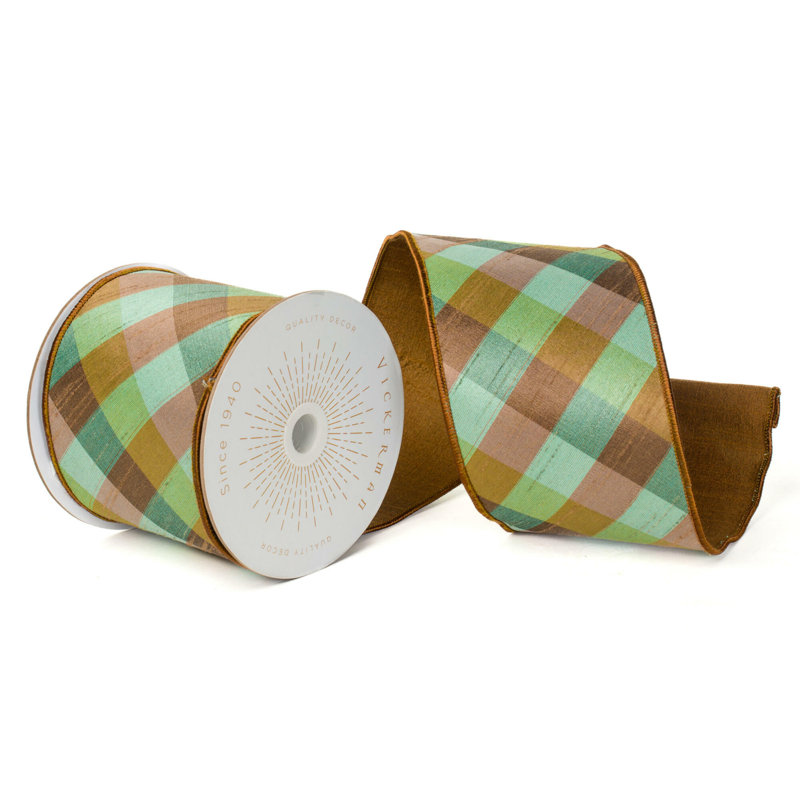 Vickerman 4"X10 Yds Brown and Celadon Diagonal Check with Brown Dupion Backing Ribbon.