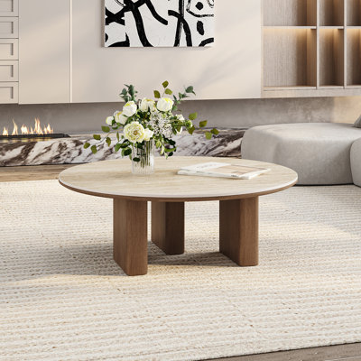 35.63" Mid-century Round Coffee Table, Travertine Sintered Stone Table top with Solid Wood Legs
