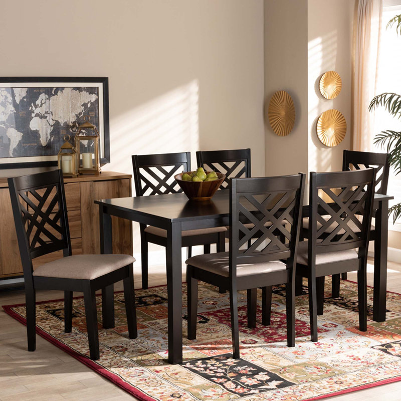 Fraserburgh Rubberwood Solid Wood Dining Set, 7 Pieces: Table, 6 Chairs, Espresso Brown/Gray