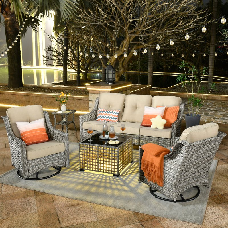 Emanuell 5 - Person  Patio Conversation Sets, Premium All-Weather Wicker Patio Sofa Set with Cushions, Beige