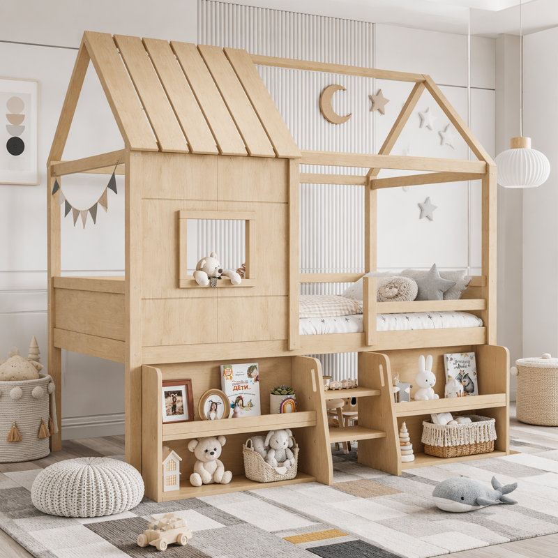 Lit mezzanine simple avec tablettes et escaliers de rangement, Lit simple, Naturel