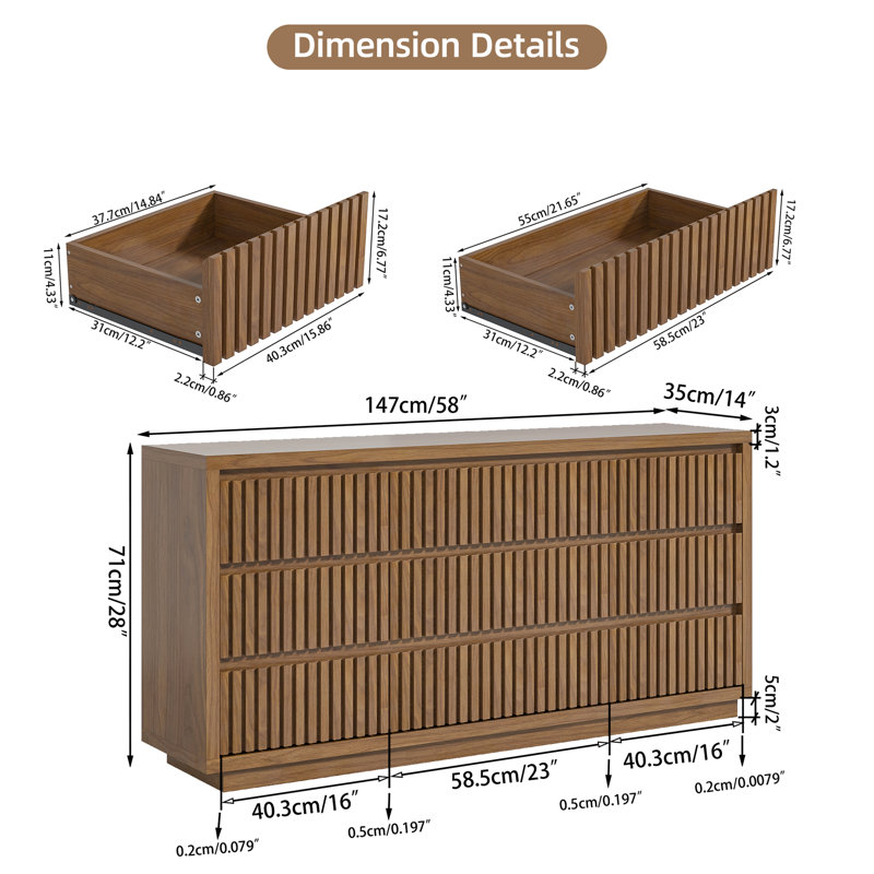 9-Drawer Fluted Dresser, 58'' W Wood Storage Closet Dressers Chest Of Drawers, Walnut