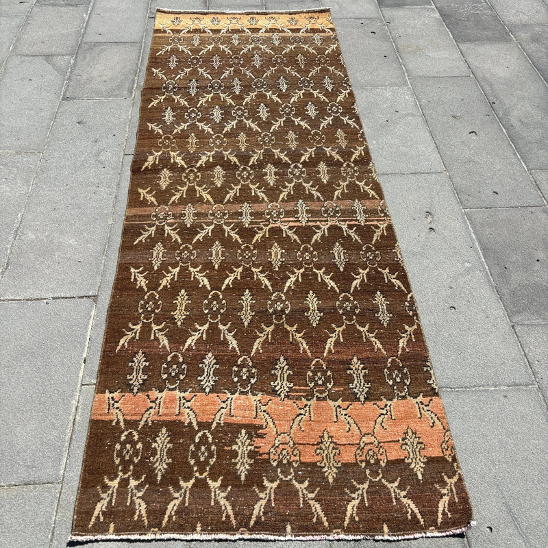 Tapis de couloir rétro en laine Oushak avec motif floral beige pour escaliers et couloirs