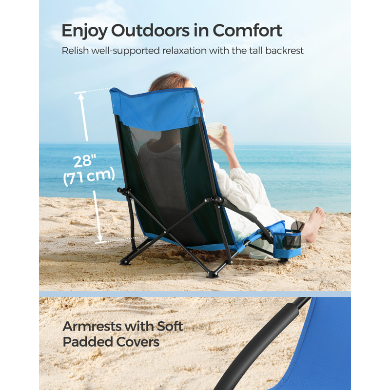 Portable Beach Chair For Adults, Max. Load 330 Lb, High Backrest, Cup Holder, Lightweight, Heavy-Duty, Blue