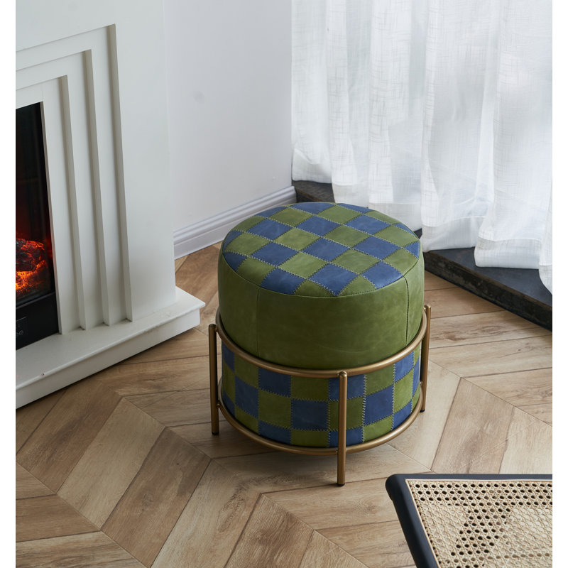 45.7cm Wide Genuine Leather Round Gingham Standard Ottoman