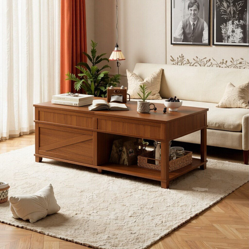 Table basse multifonctionnelle à plateau relevable avec rangement dissimulé et hauteur réglable, Brun abricot