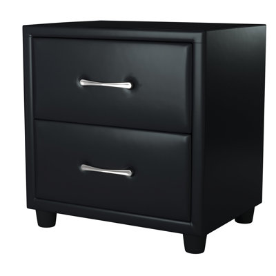 Table de chevet noire en similicuir avec 2 tiroirs et poignées argentées pour chambre à coucher moderne avec 2 poignées élégantes