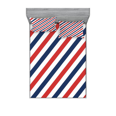 Ambesonne Harbour Stripe Fitted Sheet & Pillow Sham Blue Red White