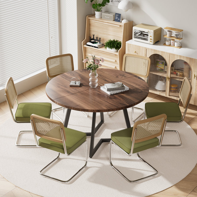 Ensemble de table de salle à manger Mid Century, Vert / Argent, 7 pièces: table, 6 chaises, Noyer
