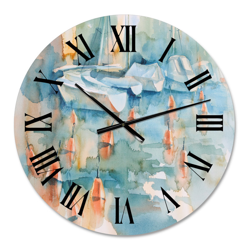 Bateaux et bouées à Blue Pastel Harbor - Horloge murale traditionnelle, Petit