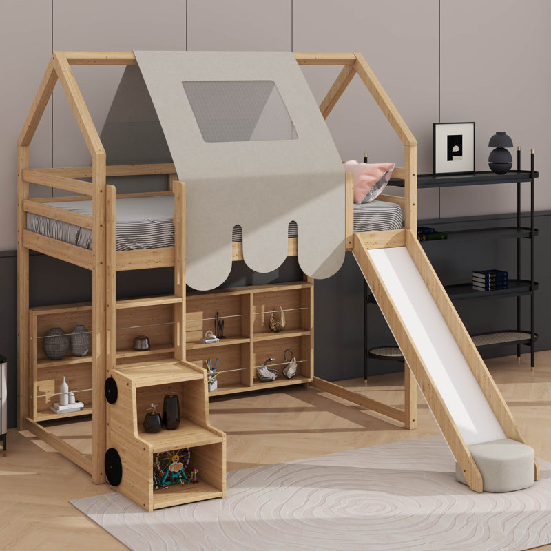 Delightful Wooden Loft Bed Boasting A House-Shaped Frame And Tent-Style Canopy, Natural/Beige, Twin