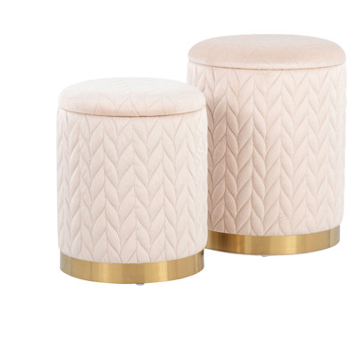 Gold Metal And Cream Velvet , Stylish Upholstery, Two Ottomans With Removable Lids, 13.25 In Small Inside Depth, 10.75 Width, Length, Indoor Use Metal, Glamorous Contemporary Design, 14.5 Product