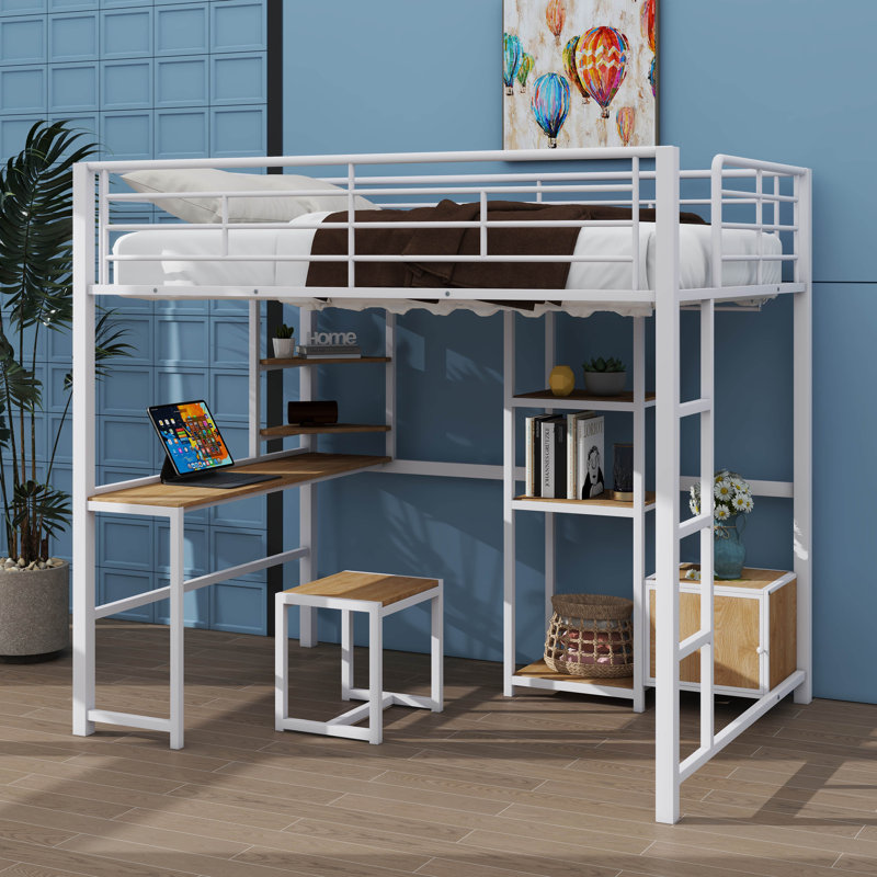 Lit mezzanine double en métal avec garde-robe de style ouvert, étagères et armoire, Blanc